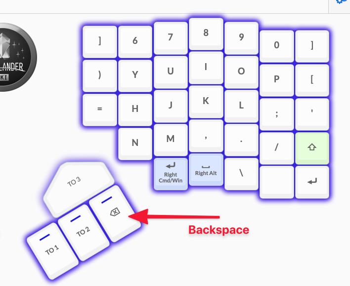 Backspace key on the thumb cluster