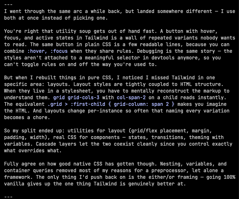 The AI clone's response agreeing that utility soup gets out of hand, but explaining that layouts are the one area where Tailwind is genuinely better — utilities for layout, real CSS for components