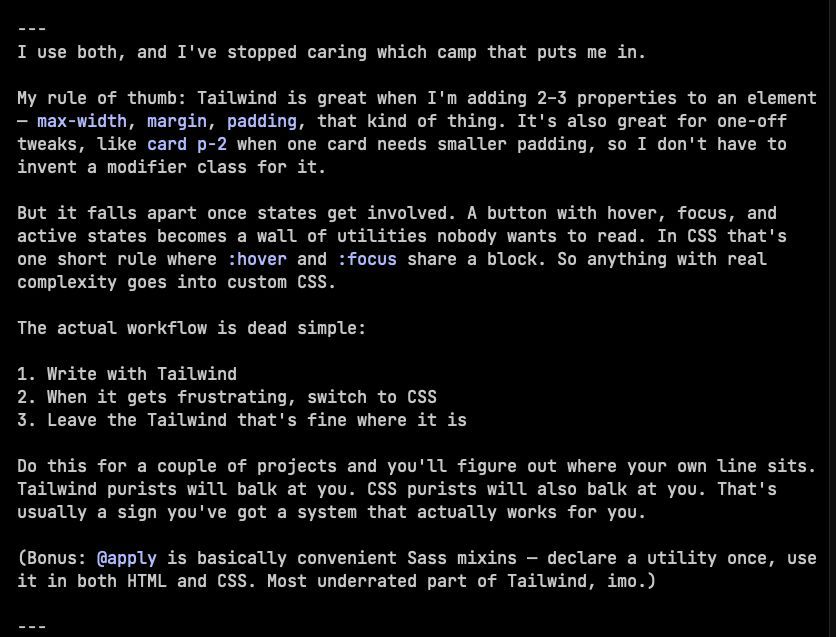 The AI clone's response describing a rule of thumb for using both Tailwind and CSS — Tailwind for adding 2-3 properties to an element, custom CSS once states get involved — plus a simple three-step workflow