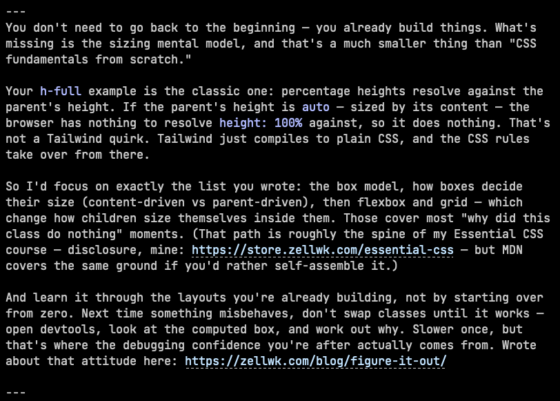 The AI clone's response explaining that percentage heights resolve against the parent's height, and recommending the poster focus on the box model, how boxes decide their size, then flexbox and grid