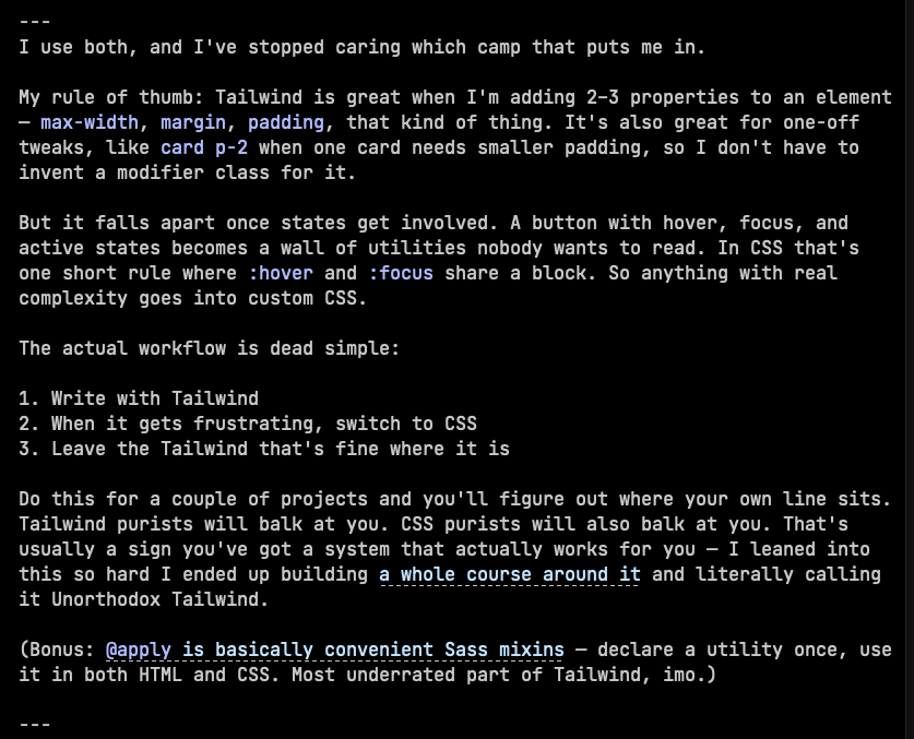 The same AI clone response about balancing Tailwind and CSS, this time with links to the Unorthodox Tailwind course and a CSS-Tricks article woven into the text