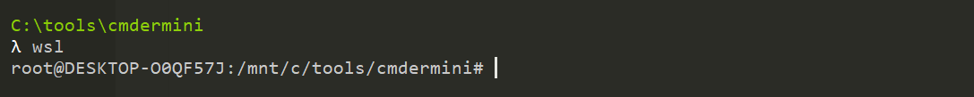 Typed `wsl` into Cmder. Shell changed to WSL. 