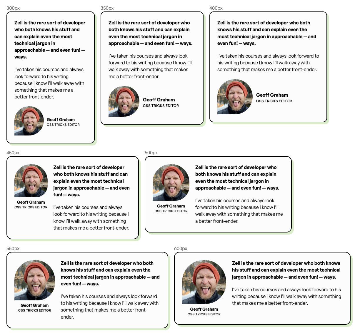 Containers of different sizes used to test container query styles