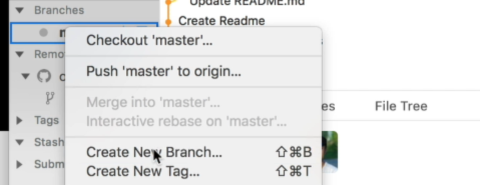 Cursor on the menu that says create new branch