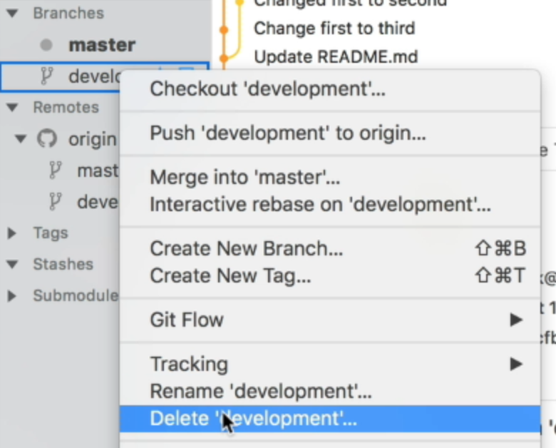 Cursor on menu item that says delete development