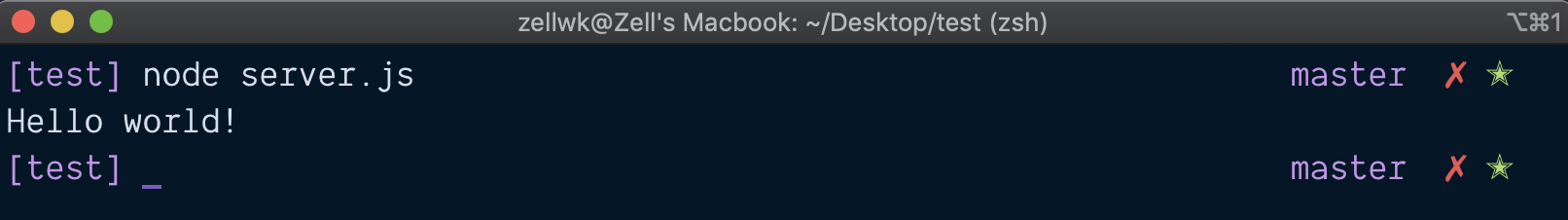 Terminal shows Hello world! when we run the server.js file.