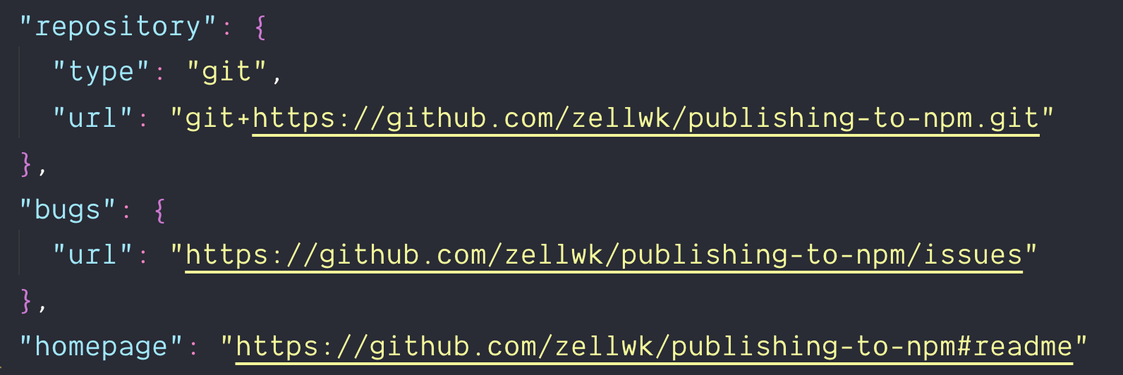 package.json that shows a 'repository' property, a 'bugs' property and a 'homepage' property