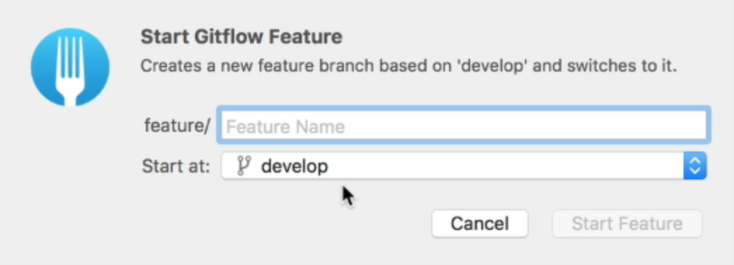 Fork will start the feature from the develop branch. You can change it though