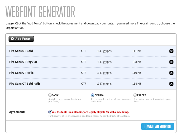 Uploading Fira Sans into Font Squirrel