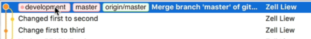 Git history shows the `development` tag