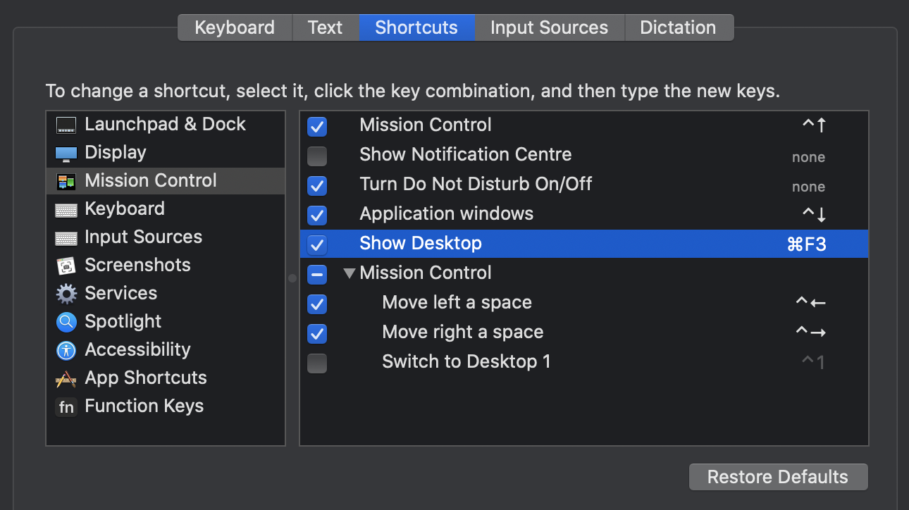 Creating the Show Desktop keyboard shortcut on Mac.