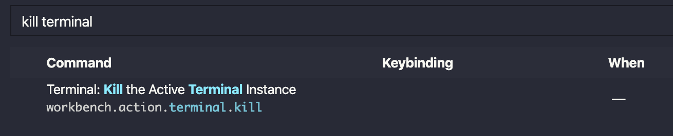 Searched for kill terminal in the keyboard shortcuts panel.