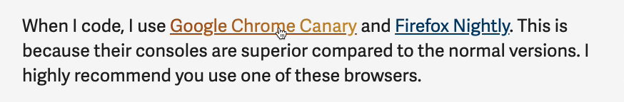 Blue color link with blue underline. When hovered, the text has an orange to yellow gradient; underline becomes solid orange.