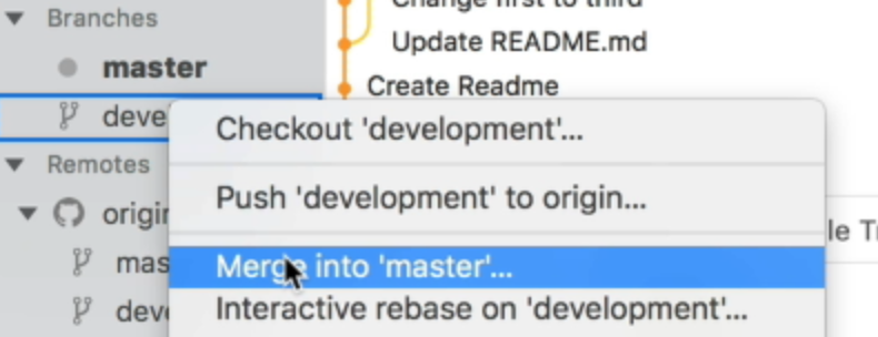 Cursor on menu item that says merge into 'master'
