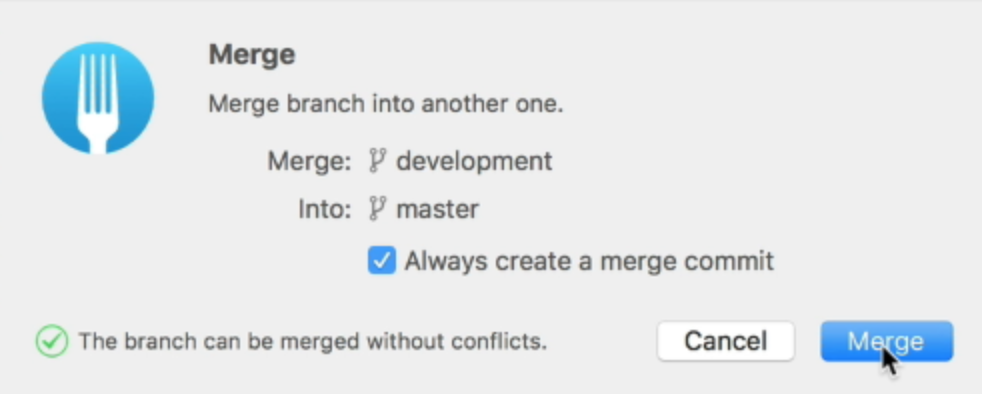 Menu that asks whether you want to create a merge commit