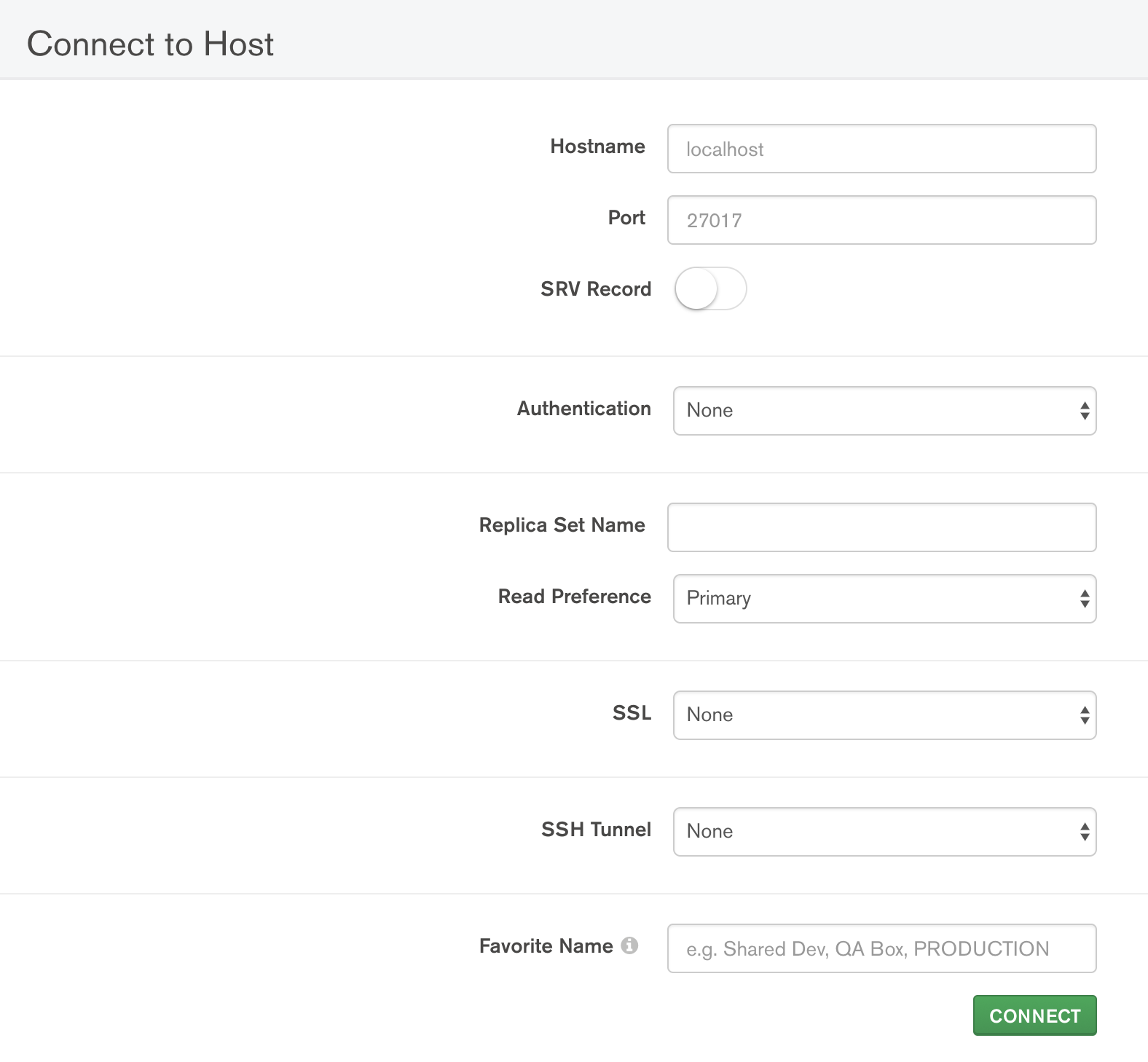 MongoDB Compass startup screen.