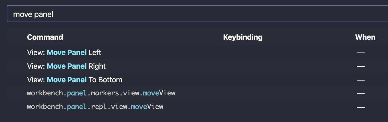 Searched for 'move panel' in Visual Studio Code keyboard shortcuts screen.