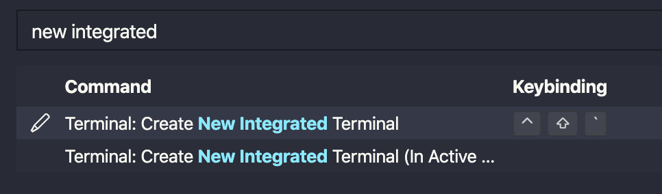 Searched for new integratde terminal in the keyboard shortcuts panel.