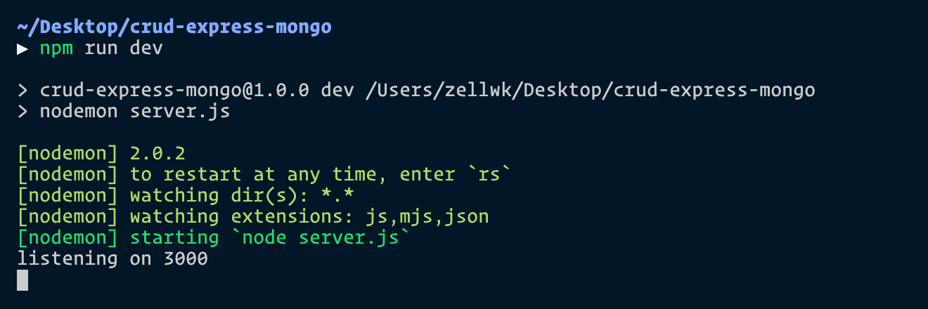 Uses npm run dev to run nodemon server.js