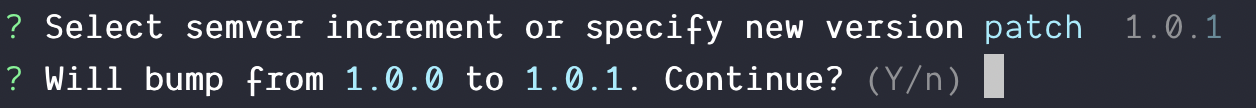 np prompts a confirmation of the chosen Semver number