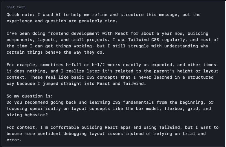 A Reddit post from a developer who has used React and Tailwind for a year, asking whether to learn CSS fundamentals from the beginning or focus on layout concepts like the box model, flexbox, grid, and sizing behavior
