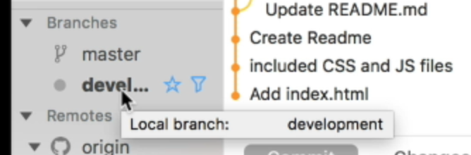 Sidebar contains all branches. In this case, it shows master and development