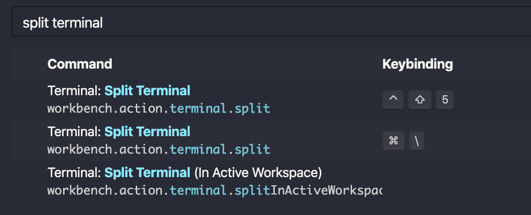 Searched for split terminal in the keyboard shortcuts panel.