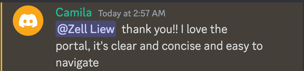 A discord message from Camila. She says: I love the portal, it's clear and concise and easy to navigate