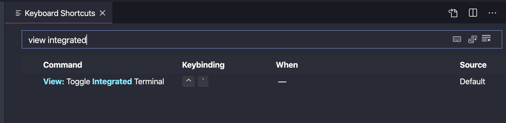Searched for integrated terminal. View: Toggle integrated terminal appeared as the second option.