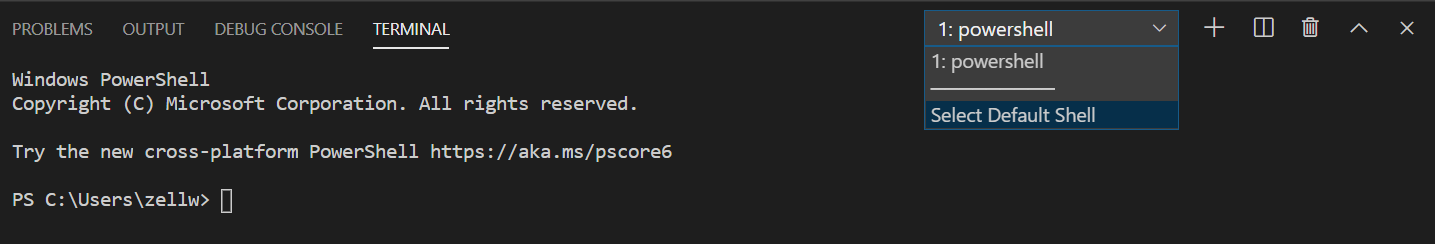 Selecting the Default Shell option in Visual Studio Code's integrated terminal