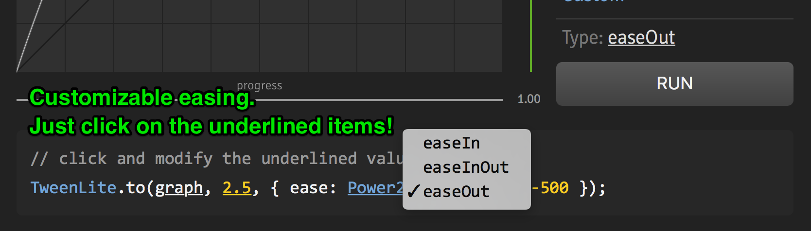 Each easing variable can be further customized by clicking on the underlined items