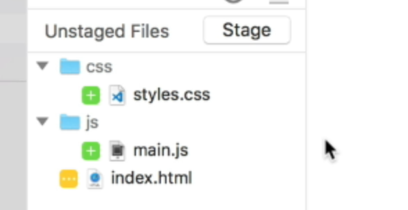 Files and folders that are changed in the staging area. This shows a CSS folder, a styles.css file, a JS folder, a main.js file and an index.html file. 