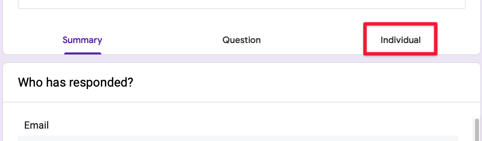 Google forms tab to show individual responses