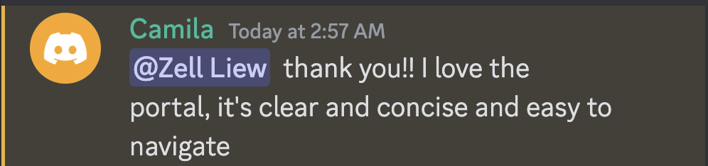 A discord message from Camila. She says: I love the portal, it's clear and concise and easy to navigate