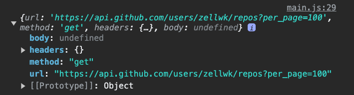 Console log that shows the url, headers, method, and request body that is sent out to the server.
